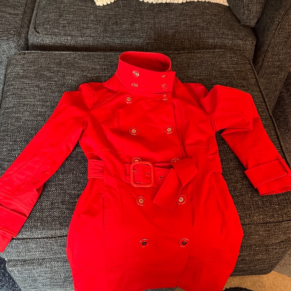 Women's Red Double-Breasted Belted Trench Coat - Picture 2 of 13
